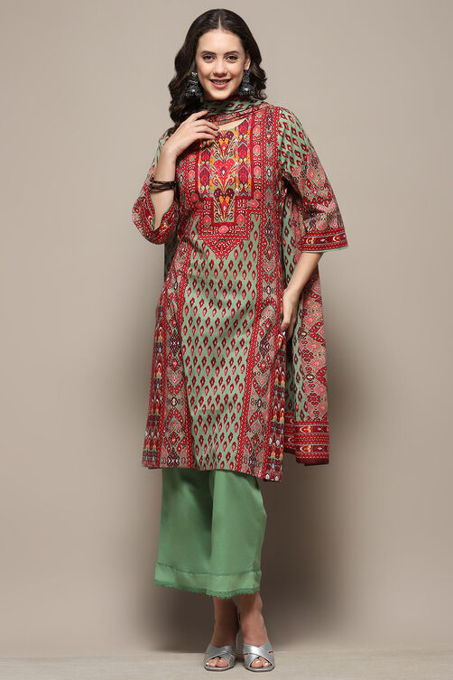 Green and Maroon Cotton Printed Straight Suit Set image number 8