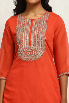 Orange Embroidered Festive Straight Suit Set image number 1