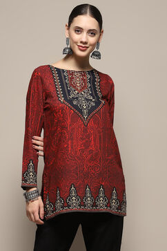 Maroon and Black Printed Regular Fit Straight Kurti image number 5