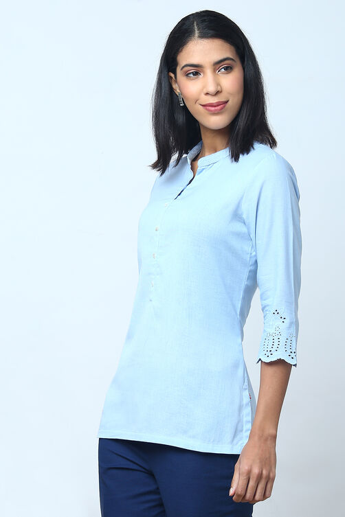 Powder Blue Cotton Flax Solid Kurti image number 2