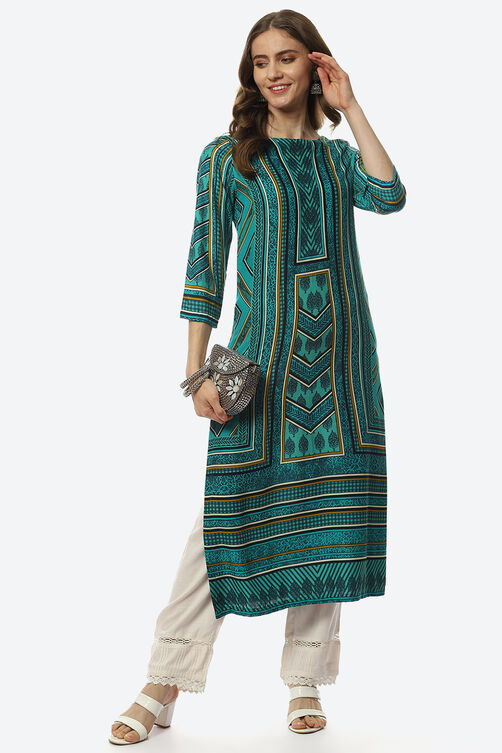 Green & Turquoise Rayon Straight Printed Kurta image number 5