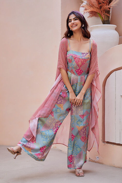 Blue & Pink Printed Jumpsuit with Shrug image number 6