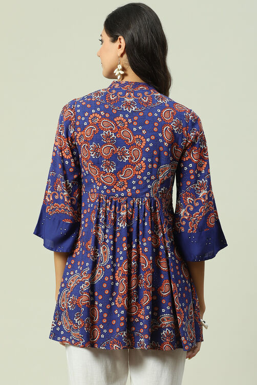 Blue Rayon Flared Printed Kurti image number 4