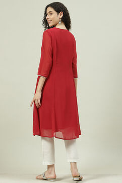 Red Poly Cotton A-Line Kurta image number 4