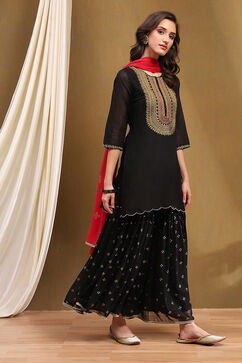 Black Embroidered Festive Straight Suit Set image number 5