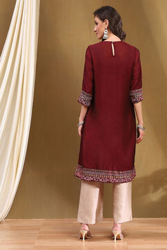 Maroon Silk Straight Kurta image number 3