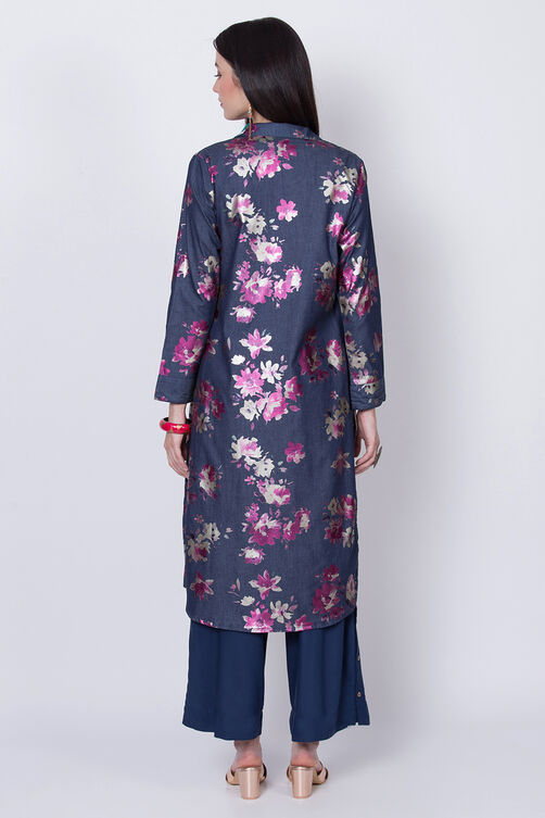 Denim Blue Cotton Front Open Printed Kurta image number 5