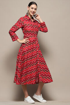 Maroon Chevron Block Printed Shirt-Style A-line Dress image number 4