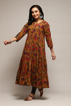 Mustard Cotton Flared Printed Dress image number 2