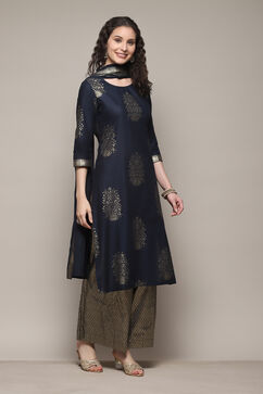 Navy Blue Cotton Straight Printed Kurta Capri Suit Set image number 5