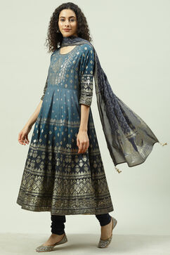 Blue Cotton Anarkali Kurta Churidar Suit Set image number 5