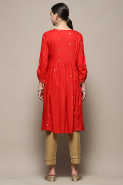 Red Foil Printed Gathered A-Line Kurta image number 4