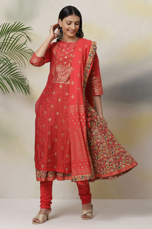 Red Poly Modal Layered Printed Kurta Churidar Suit Set image number 7