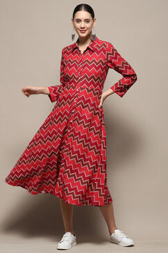 Maroon Chevron Block Printed Shirt-Style A-line Dress image number 6