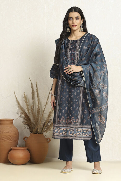 Blue Chanderi Machine Embroidered Unstitched Suit Set image number 1