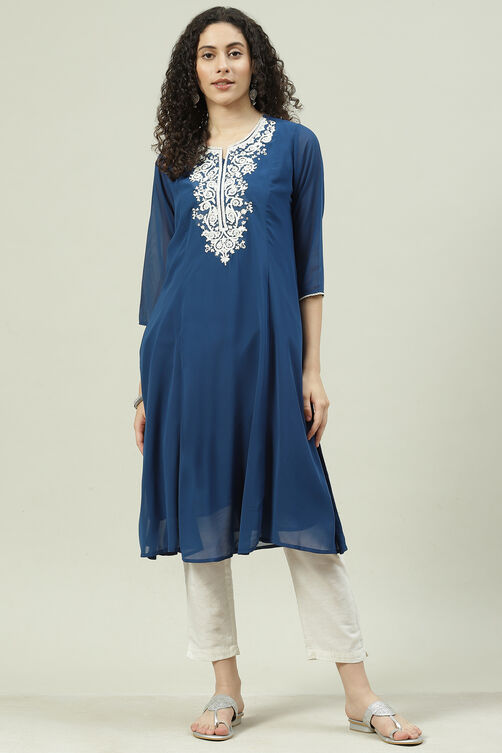 Navy Poly Cotton A-Line Kurta image number 0