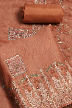 Rusty Red Chanderi Hand Embroidered Unstitched Suit Set image number 1