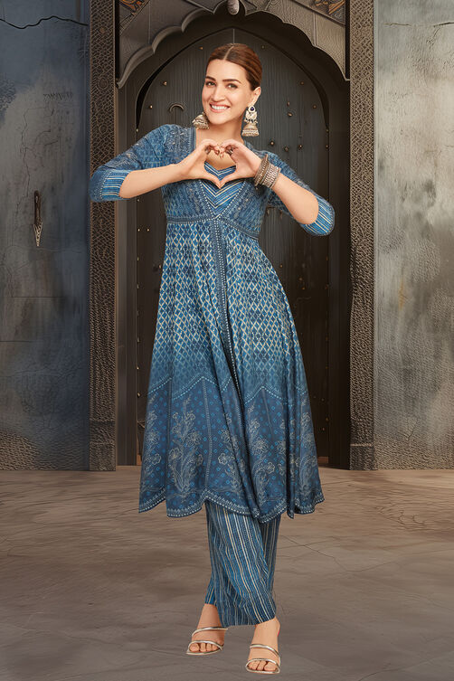 Indigo Modal Festive Anarkali Fusion Suit Set image number 0