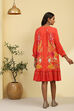 Orange Floral Printed Pleated Tiered Dress image number 4