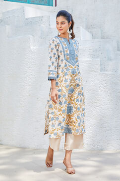 Off-white & Blue Cotton Floral Straight Kurta image number 3