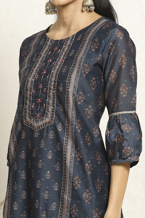 Blue Chanderi Machine Embroidered Unstitched Suit Set image number 2