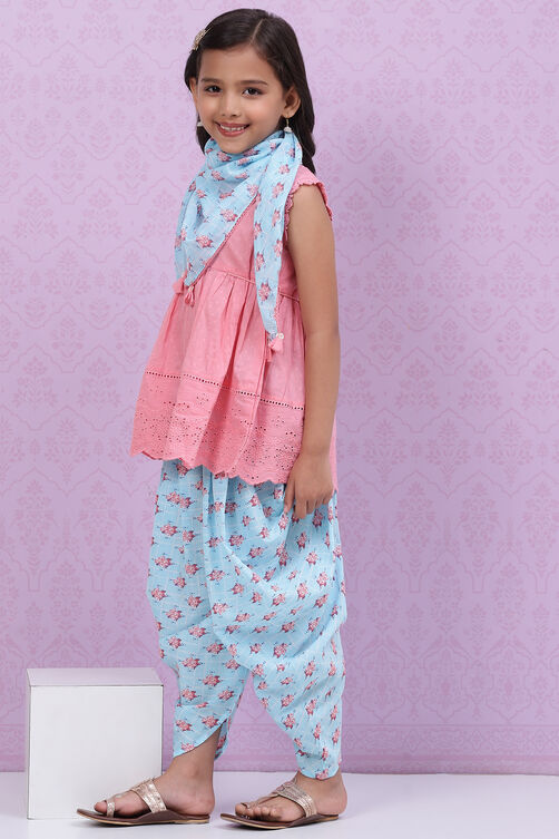 Pink Blue Cotton Flared Kurta Dhoti Salwar Suit Set image number 5