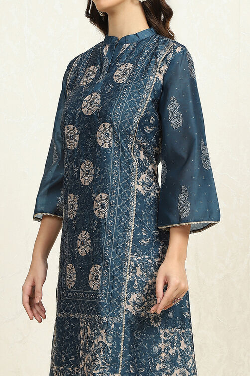 Blue Chanderi Printed Unstitched Suit Set image number 2