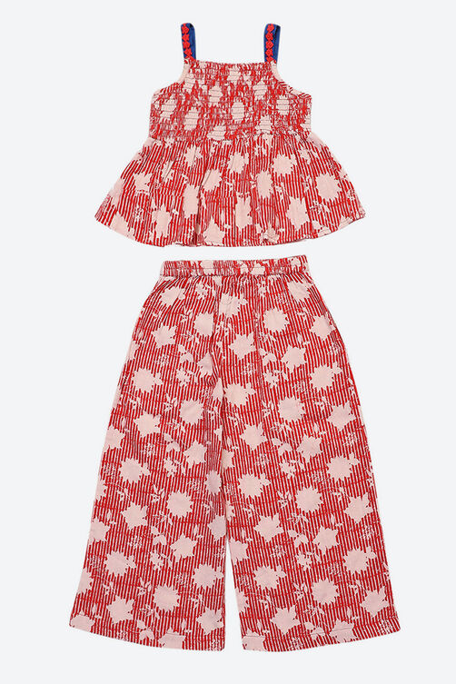 Red Printed Cotton Strappy Top and Flare Pants Set image number 3