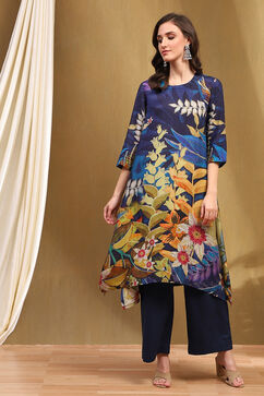 Midnight Blue Modal Floral Asymmetric Kurta Set image number 6