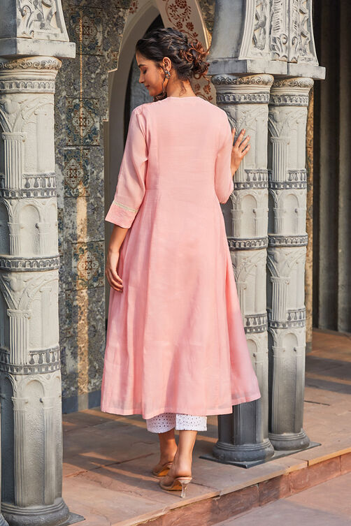 Rose Pink Yard-Dyed Threadwork A-Line Kurta image number 3