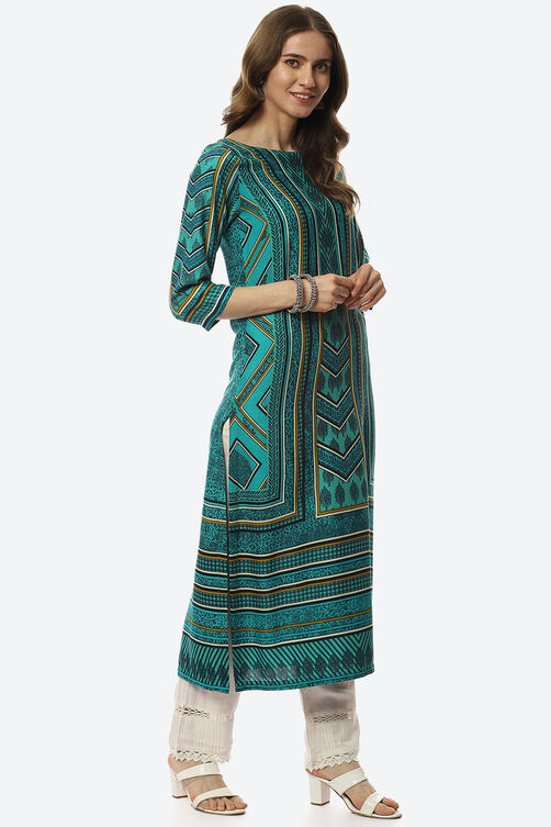 Green & Turquoise Rayon Straight Printed Kurta image number 3