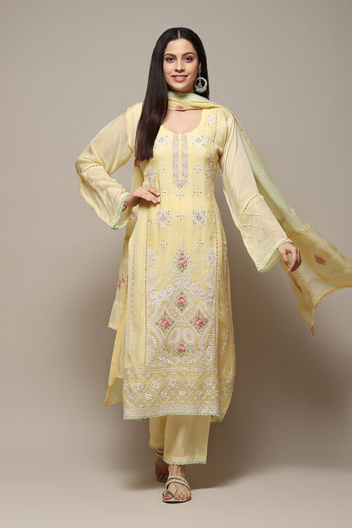Yellow Organza Printed Unstitched Suit Set image number 1