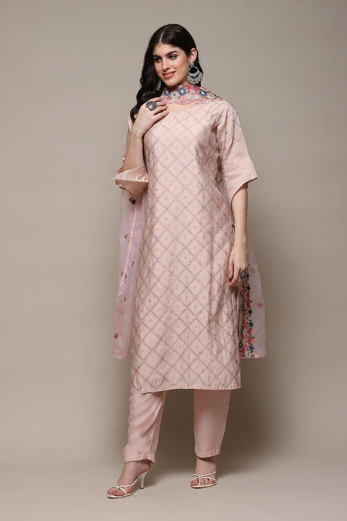 Light Pink Chanderi Blend Printed Unstitched Suit Set image number 8