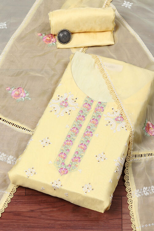 Yellow Organza Printed Unstitched Suit Set image number 0