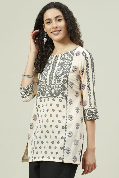 Ecru Art Silk Straight Printed Short Kurti image number 2