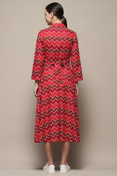 Maroon Chevron Block Printed Shirt-Style A-line Dress image number 3