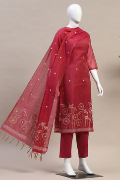 Magenta Chanderi Handloom Unstitched Suit Set image number 4