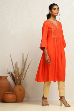 Orange Yoke Design Festive A-Line Kurta image number 4