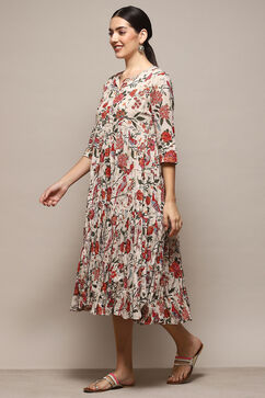 Off White Cotton Flared Printed Dress image number 3