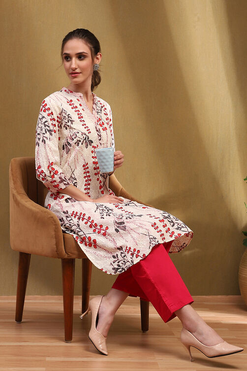 White & Red Cotton Printed Straight Kurta image number 0