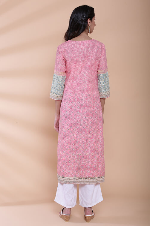 Pink Cotton Straight Printed Kurta image number 5