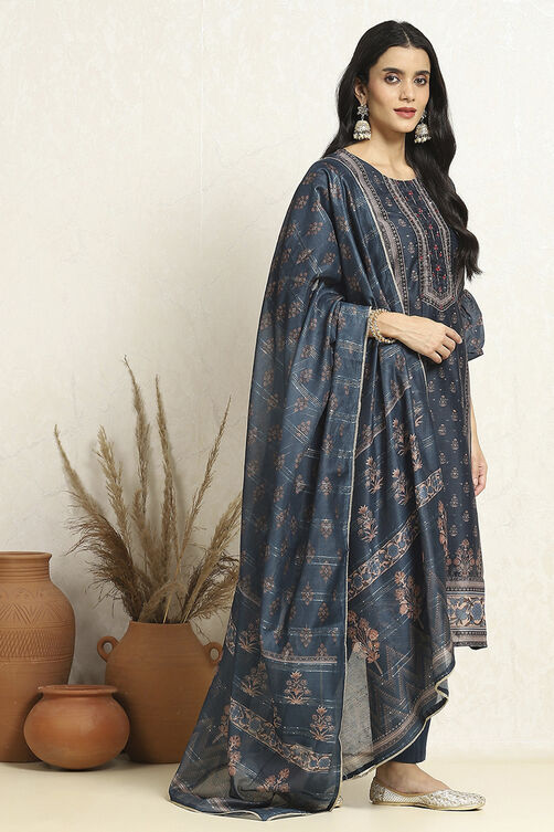 Blue Chanderi Machine Embroidered Unstitched Suit Set image number 6