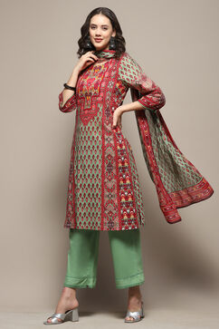 Green and Maroon Cotton Printed Straight Suit Set image number 0