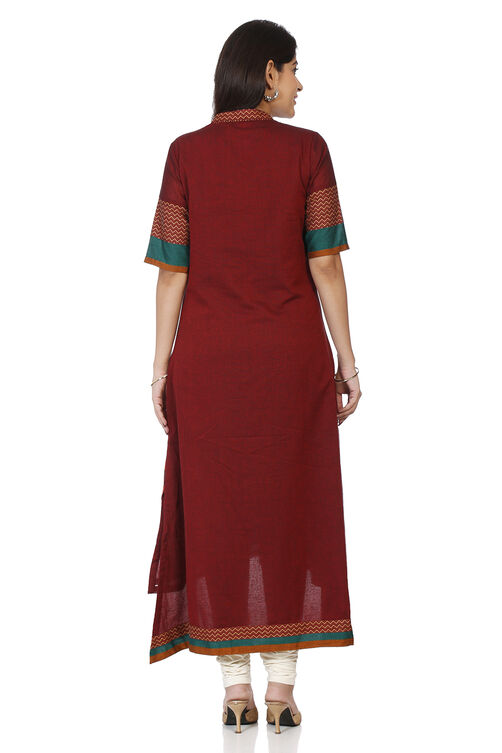 Maroon Cotton A-Line Printed Kurta image number 4