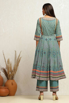 Turquoise Cotton Geometric Printed Anarkali Suit Set image number 4