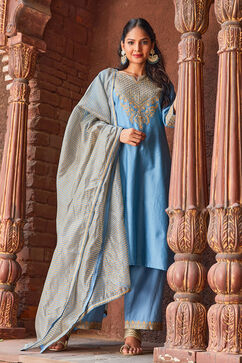 Earthy Blue Cotton Silk Straight Kurta Palazzo Suit Set image number 0