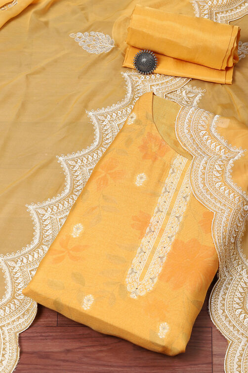 Mustard Linen Blend Digital Print Unstitched Suit Set image number 0