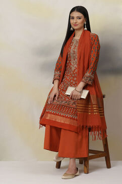 Terracotta And Orange Poly Cotton Straight Suit Set image number 0