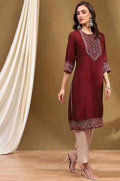 Maroon Silk Straight Kurta image number 4