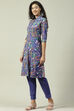 Blue & Purple Printed Cotton Straight Suit Set image number 3